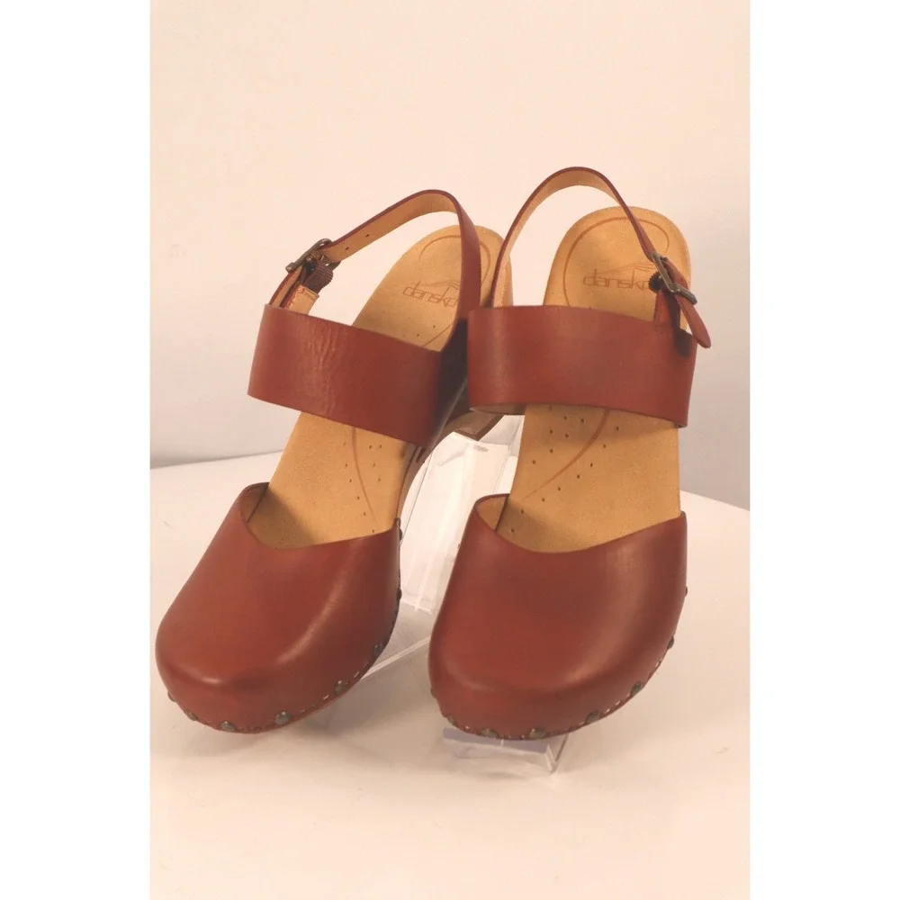 Dansko Brown Leather Slingback Clog Platform Heels Studded Wood Sole EU39/US 8 - Picture 2 of 8